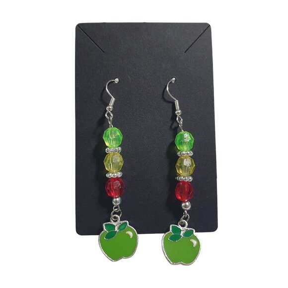 Green Apple Beaded Dangle Earrings Teacher Gift Day Care Fish Hook 3 Inch Long - Picture 1 of 4